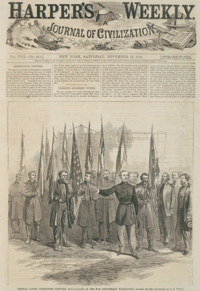 General Custer presenting captured battle flags at the War Department, Washington, front page of 